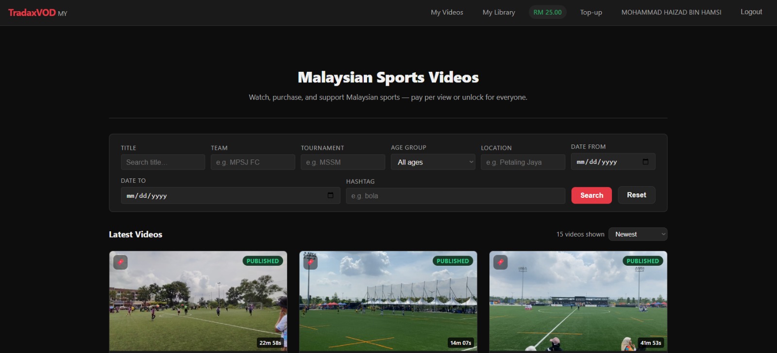 TradaxVOD — sports video platform interface